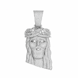 Silver-tone crowned Jesus pendant with stone-set face and tapered bail on white