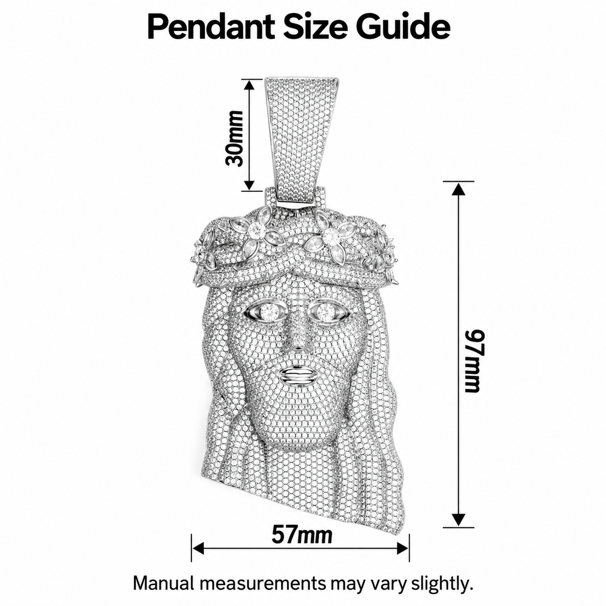 Crowned Jesus pendant size guide showing body width, body height and bail height