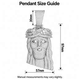Crowned Jesus pendant size guide showing body width, body height and bail height