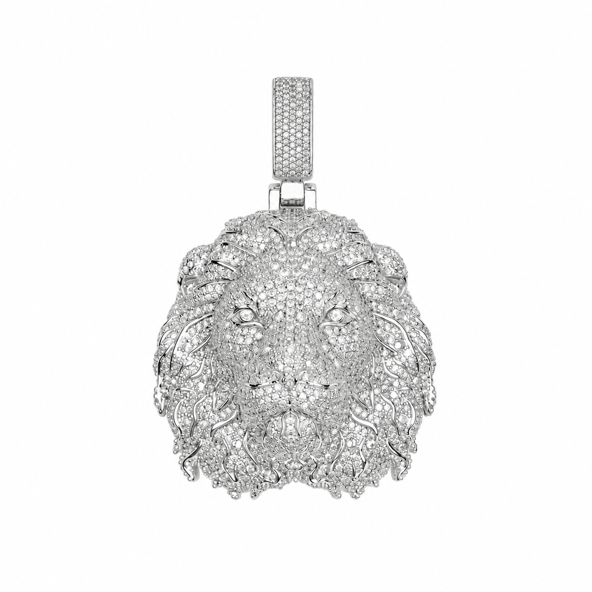 Silver-tone iced lion head pendant on white