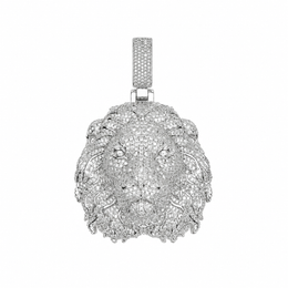 Silver-tone iced lion head pendant on white