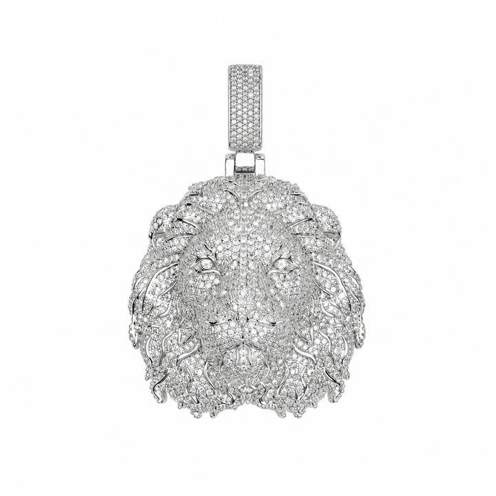Silver-tone iced lion head pendant on white