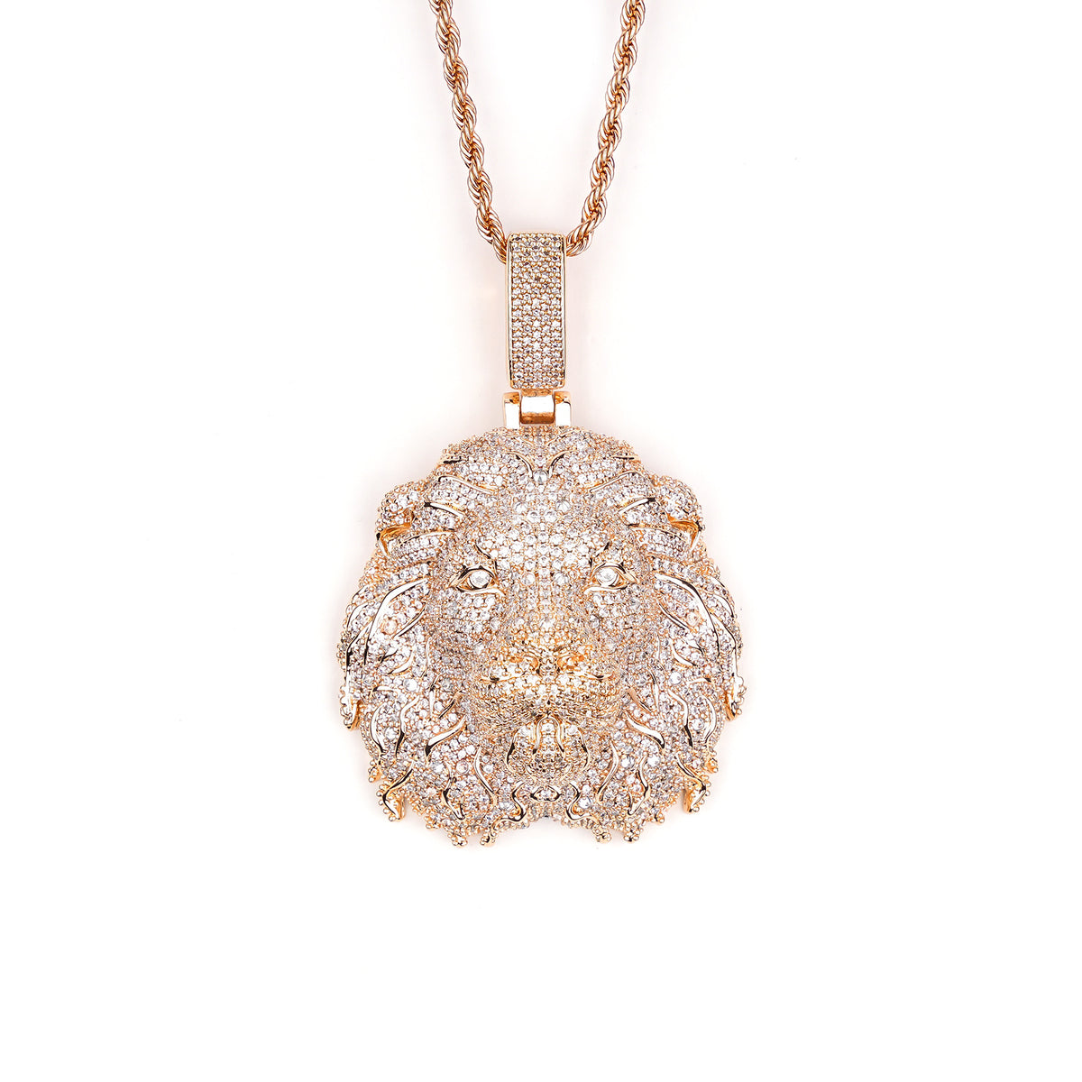 Rose-gold-tone lion head pendant with stone-set mane on white