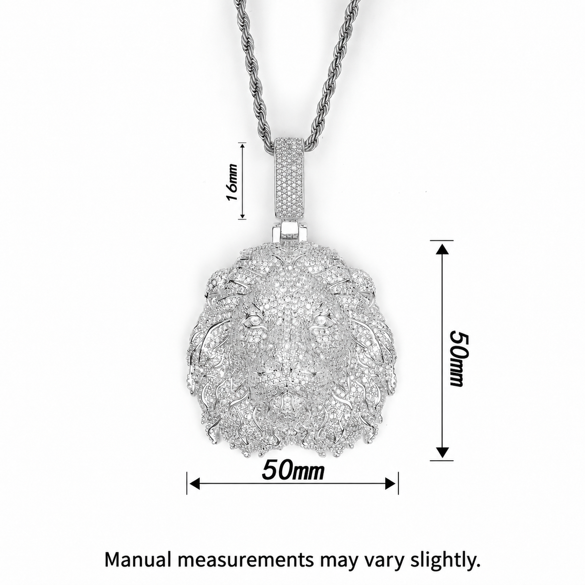 Lion head pendant size guide showing body and bail measurements