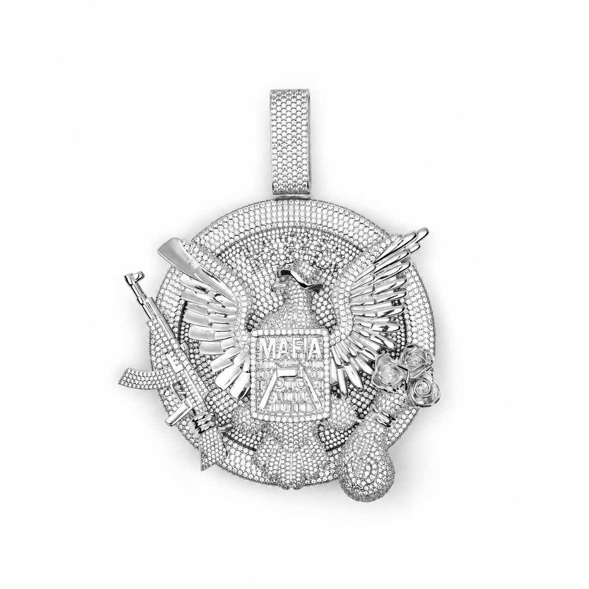 Silver-tone iced eagle medallion pendant on white