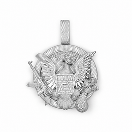Silver-tone iced eagle medallion pendant on white