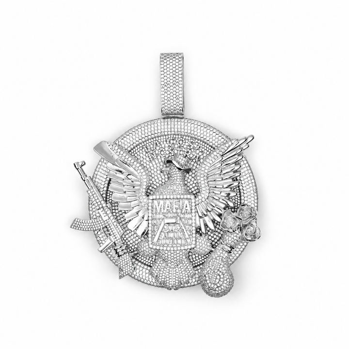 Silver-tone iced eagle medallion pendant on white