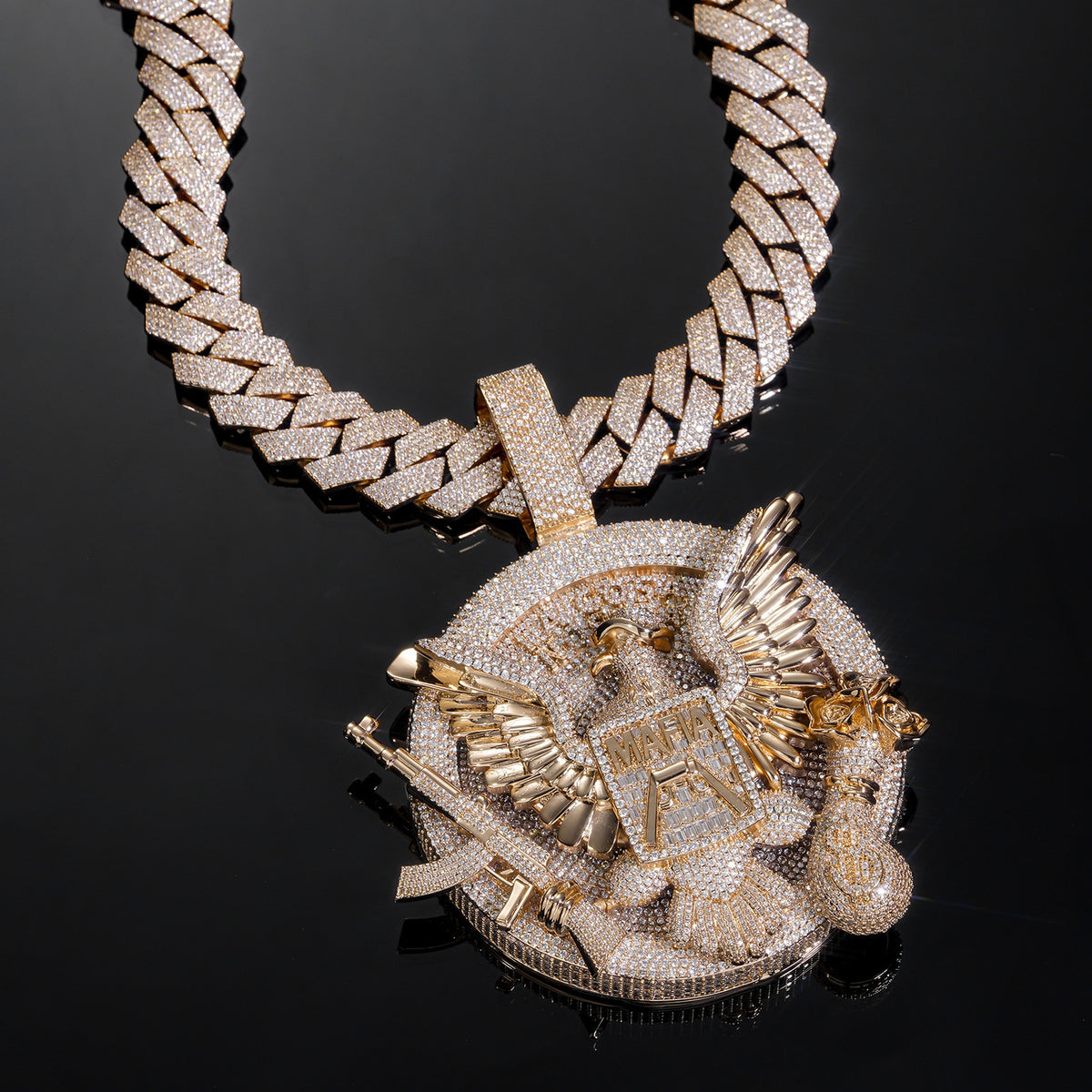 Rose gold-tone eagle medallion pendant on black
