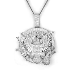 Silver-tone eagle medallion pendant on white
