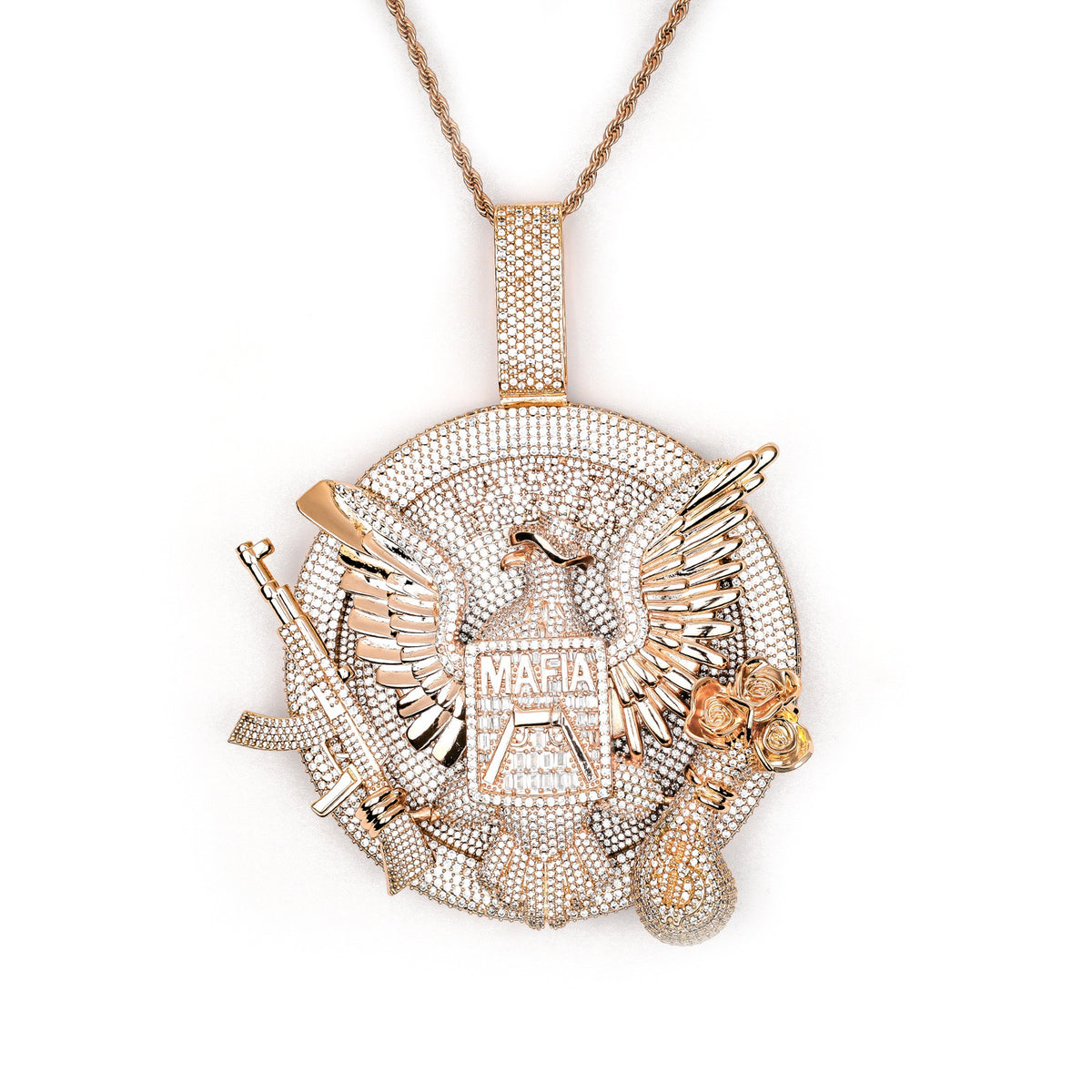 Rose gold-tone eagle medallion pendant on white