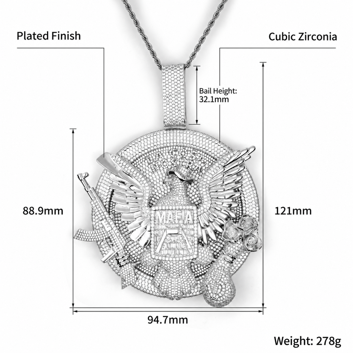 Iced eagle medallion pendant size guide with body and bail dimensions