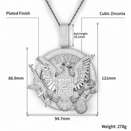 Iced eagle medallion pendant size guide with body and bail dimensions