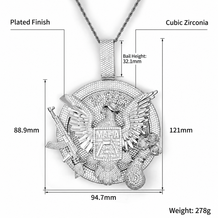 Iced eagle medallion pendant size guide with body and bail dimensions