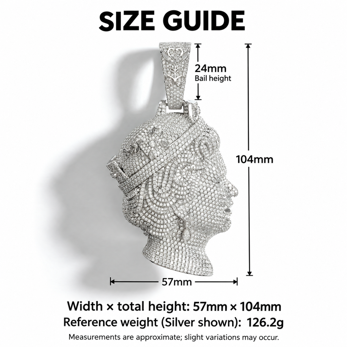 English size guide for the queen pendant showing width, total height, bail height and reference weight