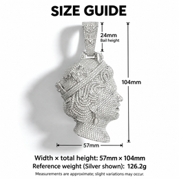 English size guide for the queen pendant showing width, total height, bail height and reference weight