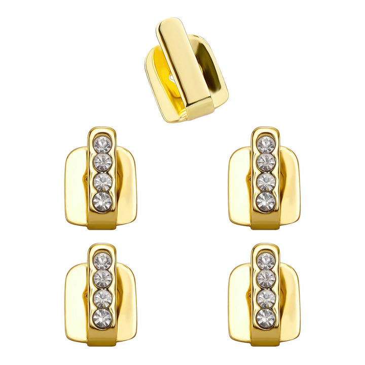 Gold five-piece tooth cap set with one smooth bar and four clear-stone bars