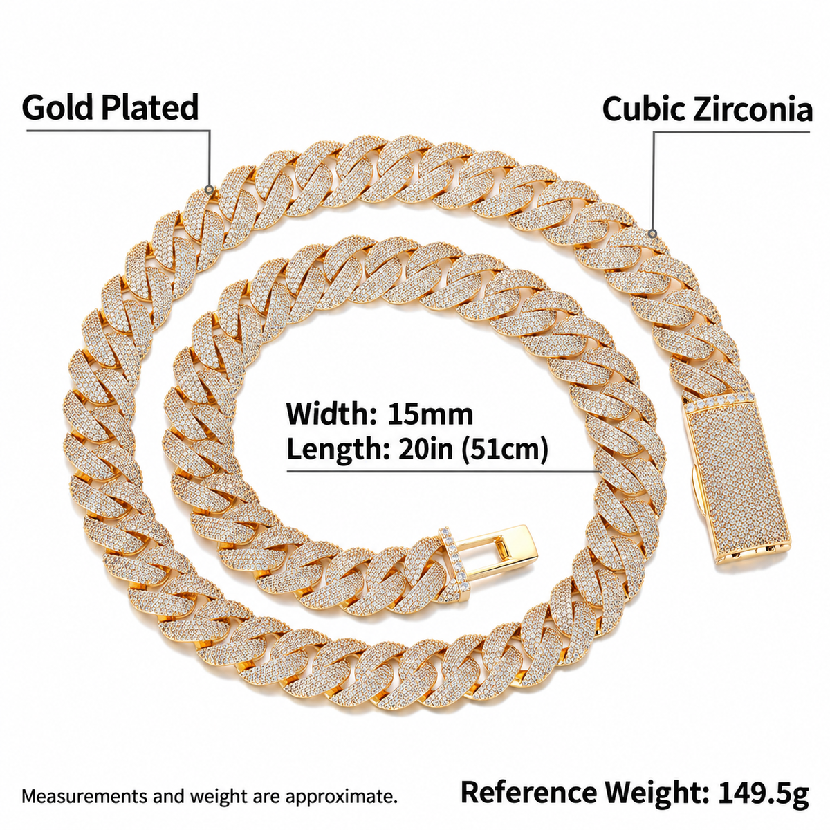 Gold-tone Cuban chain measurement diagram with length, width and reference weight