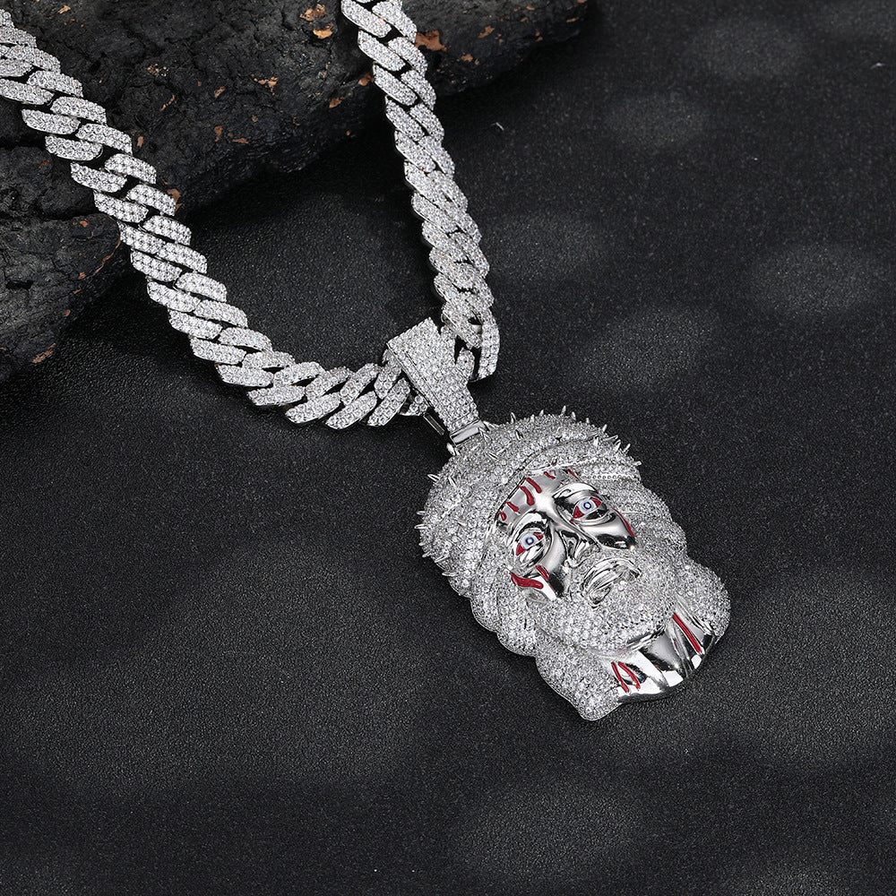 Silver-tone iced Crown of Thorns Jesus pendant angled view