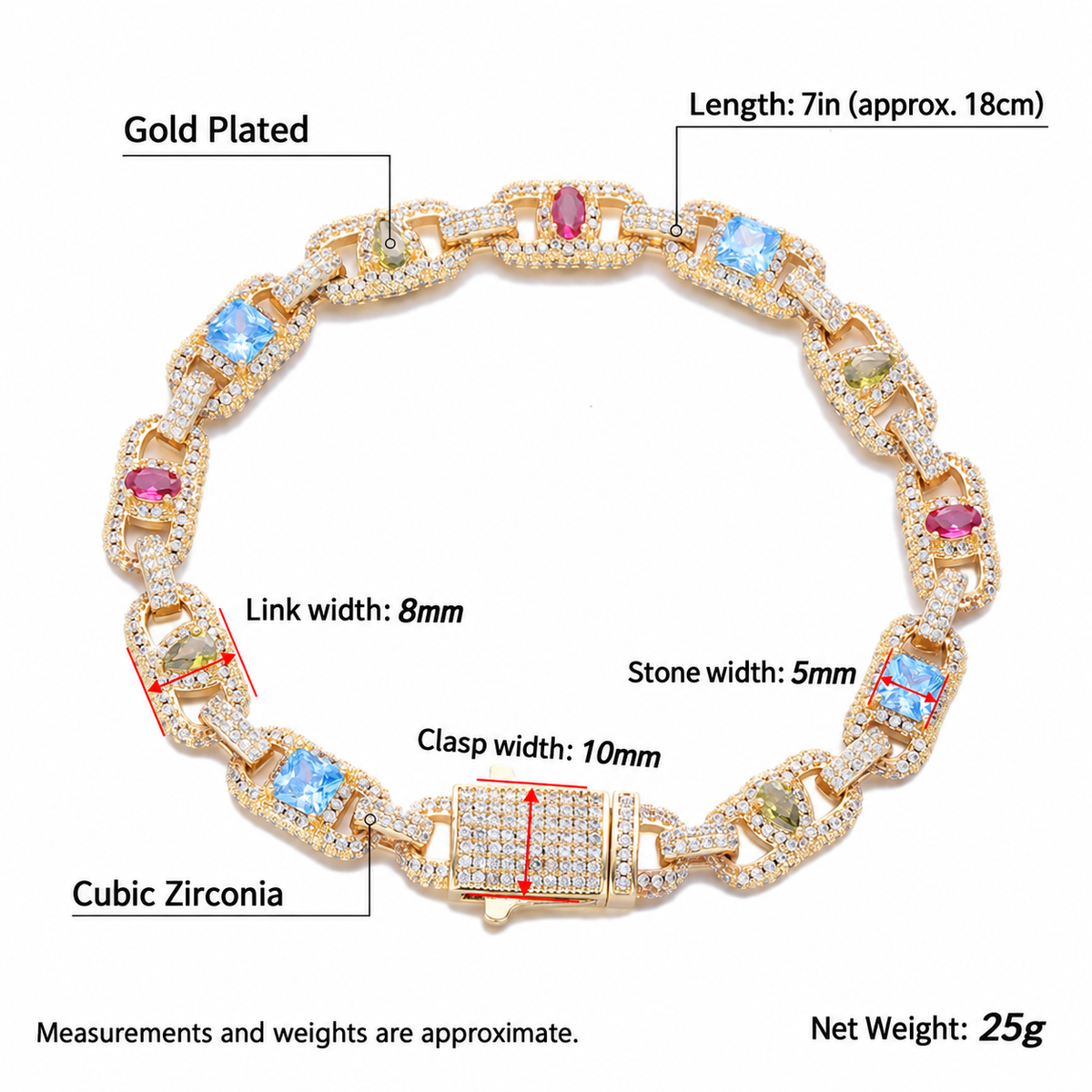 Gold-tone bracelet measurement guide showing link, stone and clasp widths