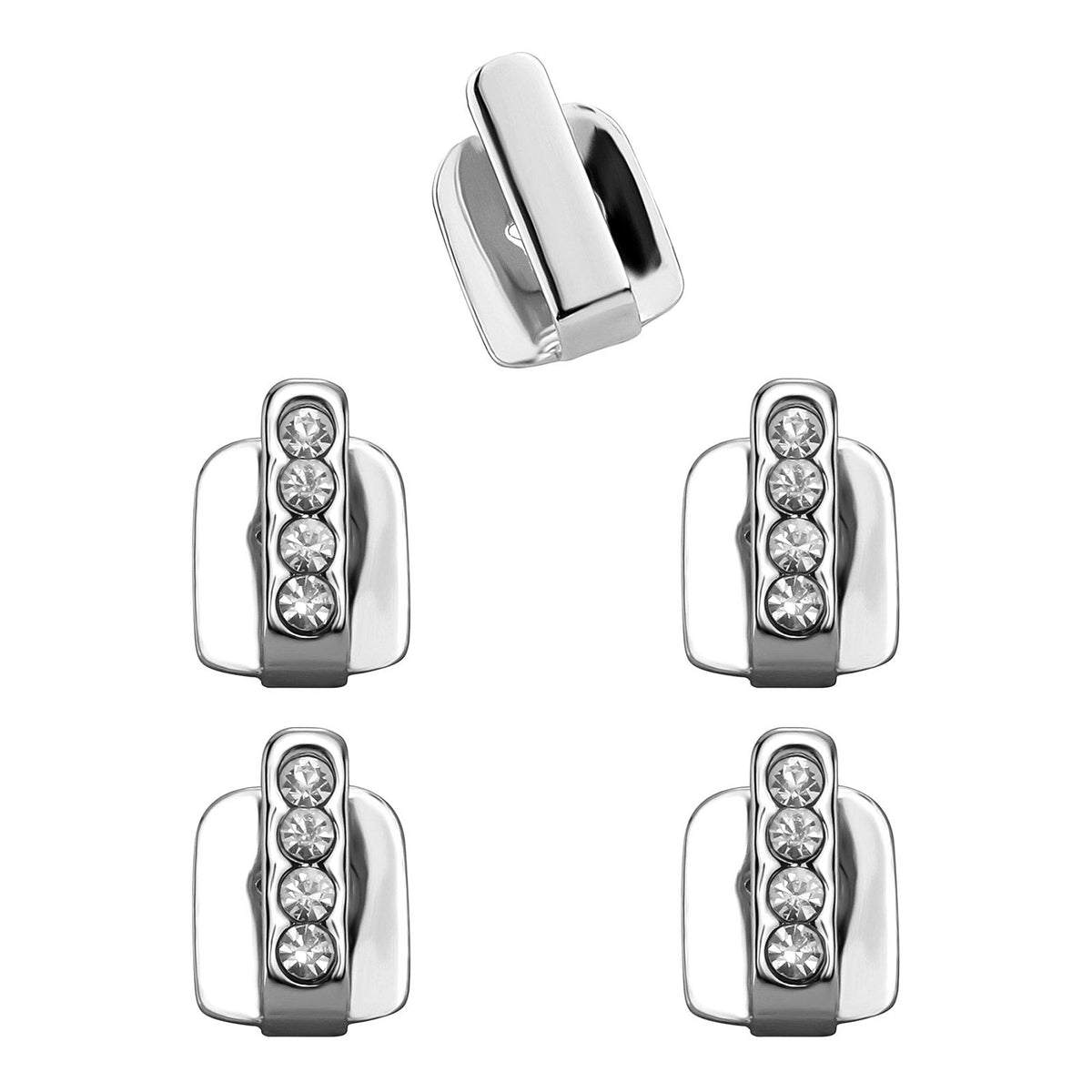 Silver five-piece tooth cap set with one smooth bar and four clear-stone bars