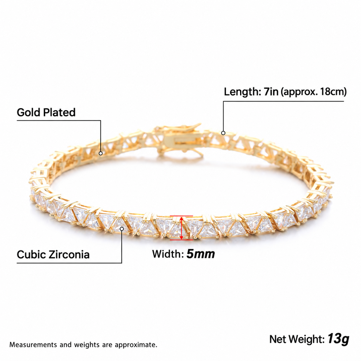 Gold-tone bracelet measurement guide showing length, width and reference net weight