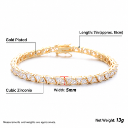 Gold-tone bracelet measurement guide showing length, width and reference net weight