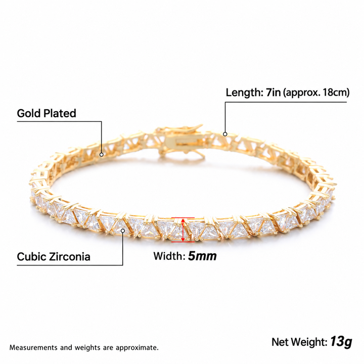 Gold-tone bracelet measurement guide showing length, width and reference net weight