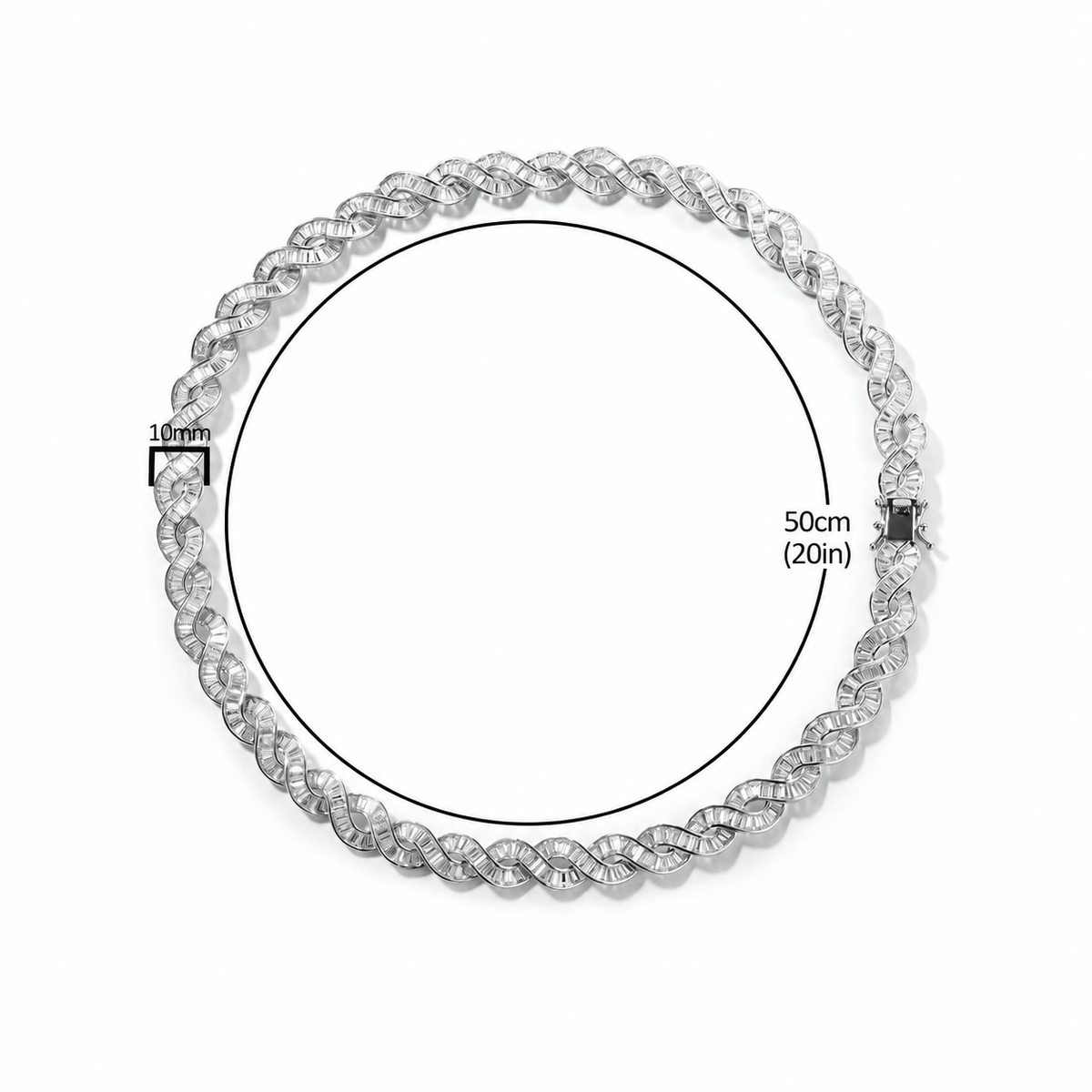 DNA spiral necklace size diagram showing 10mm width and the 50cm (20in) example