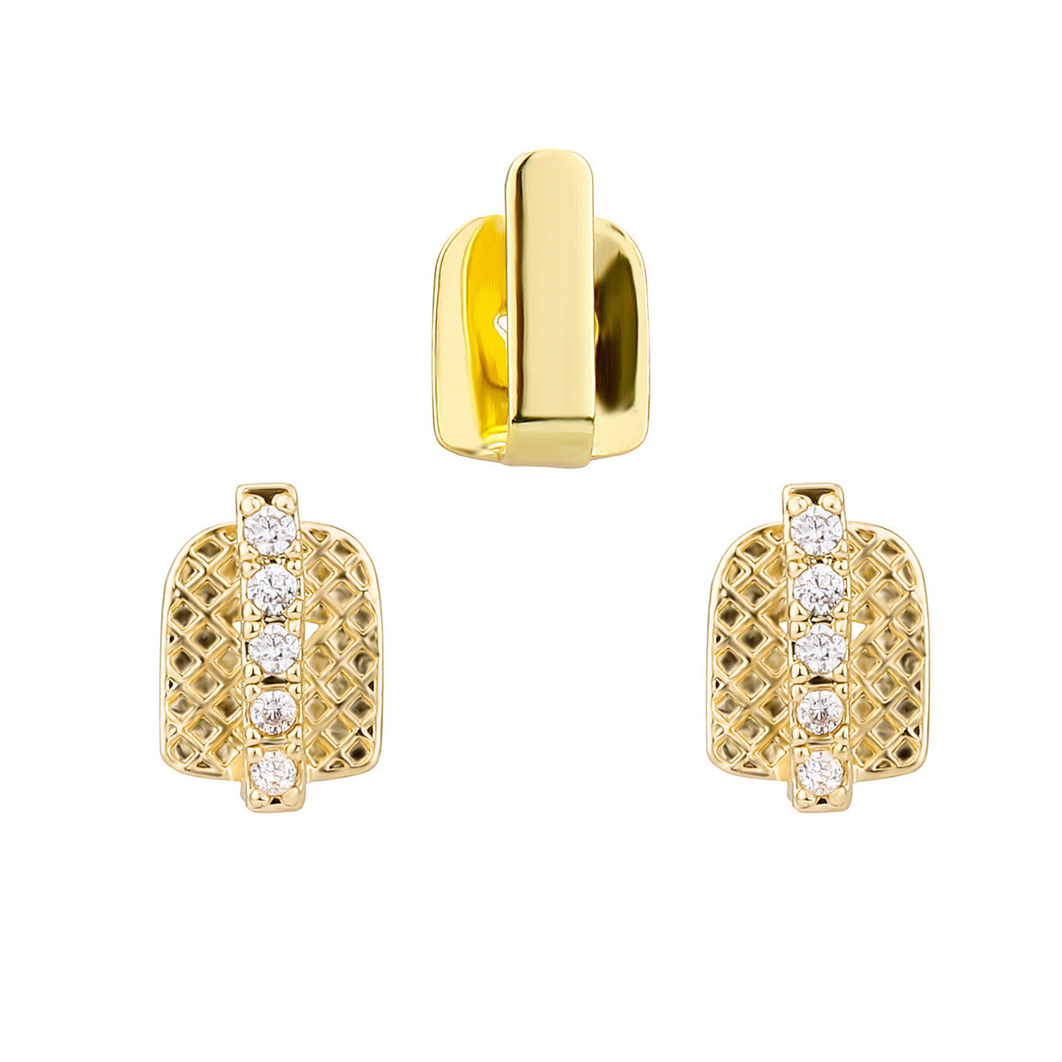 Gold three-piece tooth cap set with one smooth bar and two stone-set lattice caps