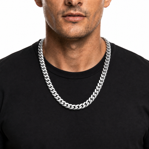 Male model wearing a 12mm stainless steel Miami Cuban chain in silver tone