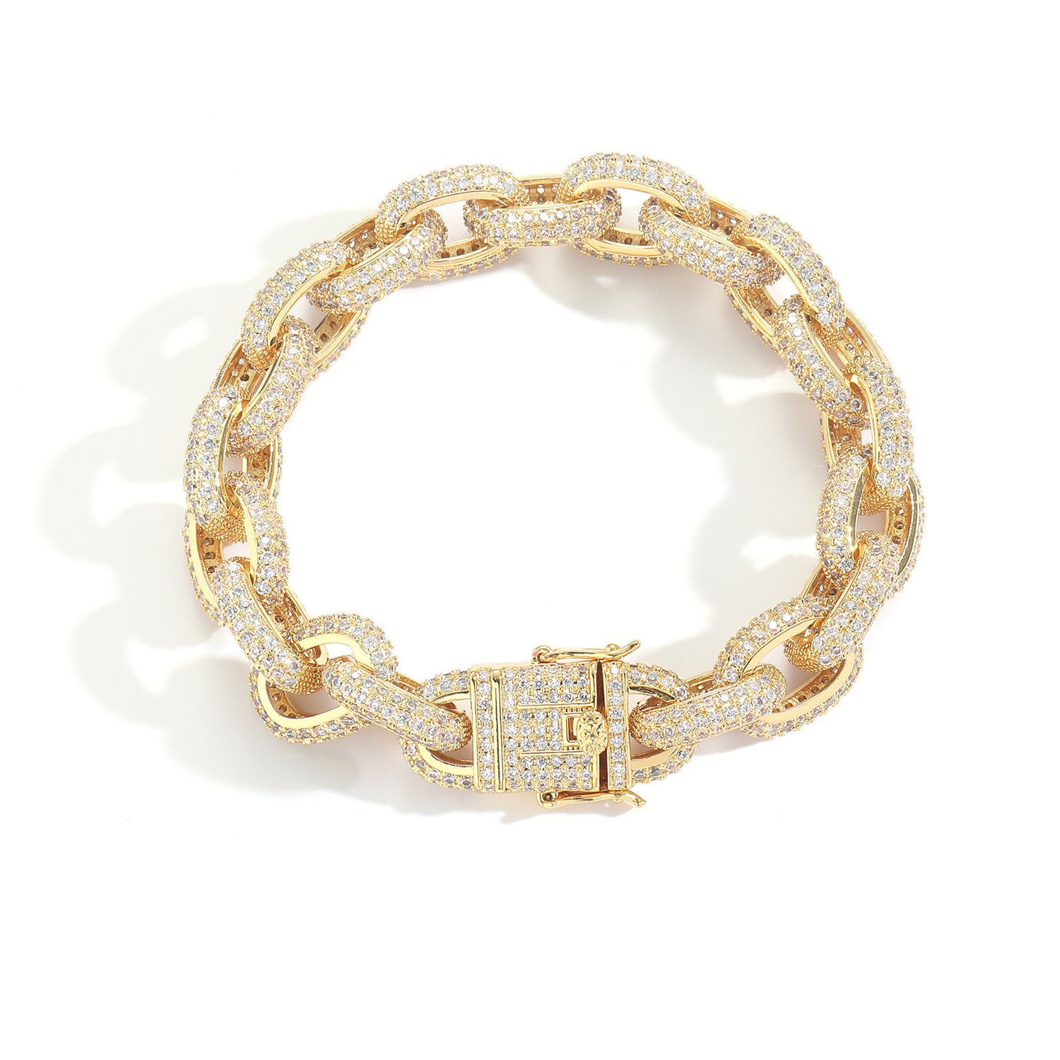 Gold 12mm iced O-link bracelet on white