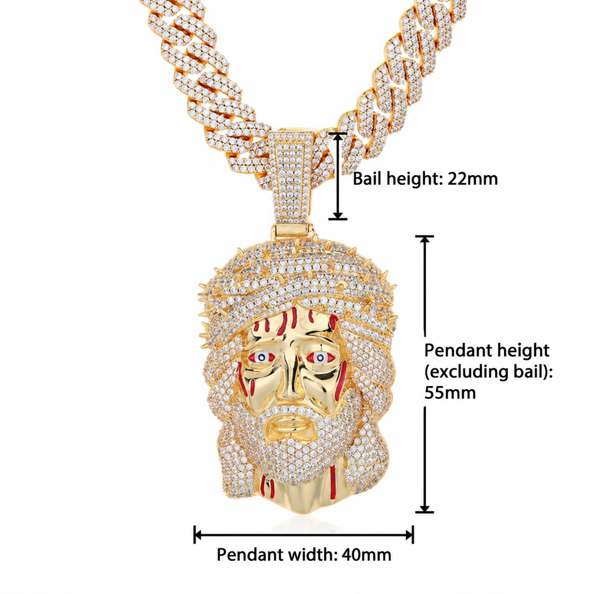 Iced Jesus pendant size guide showing 40mm width, 55mm body height and 22mm bail height