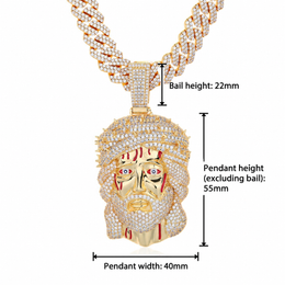 Iced Jesus pendant size guide showing 40mm width, 55mm body height and 22mm bail height