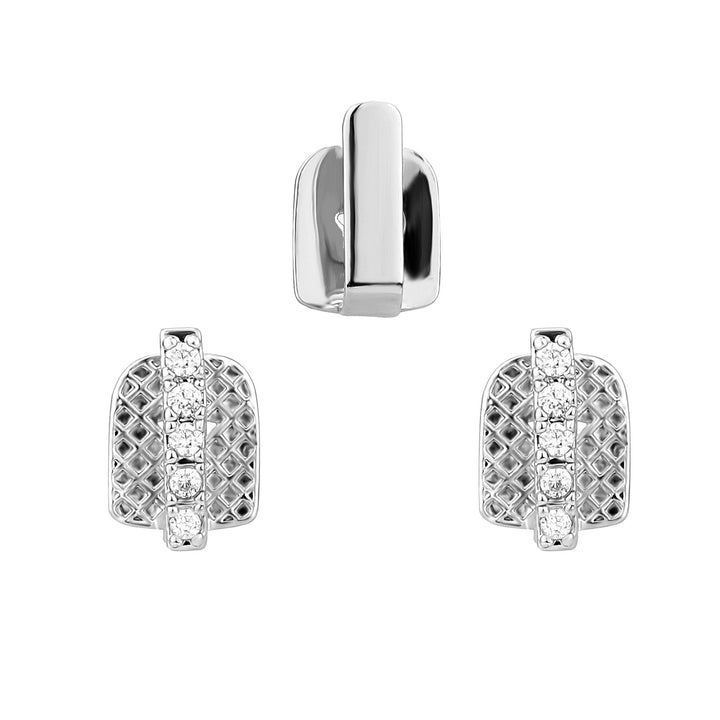 Silver three-piece tooth cap set with one smooth bar and two stone-set lattice caps