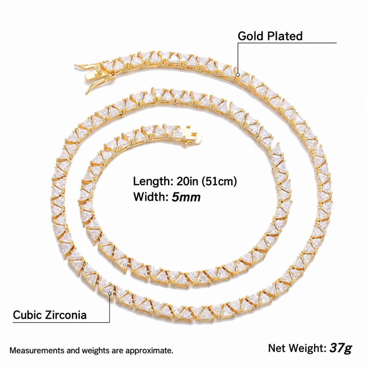 Gold-tone necklace measurement guide showing length, width and reference net weight