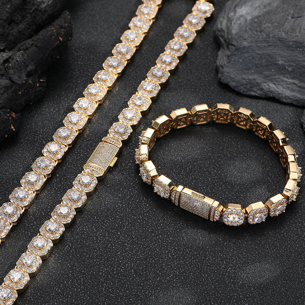 10/12mm Iced Out Halo Tennis Chain Gold - Hip Hop Necklace - Miles Jewellery