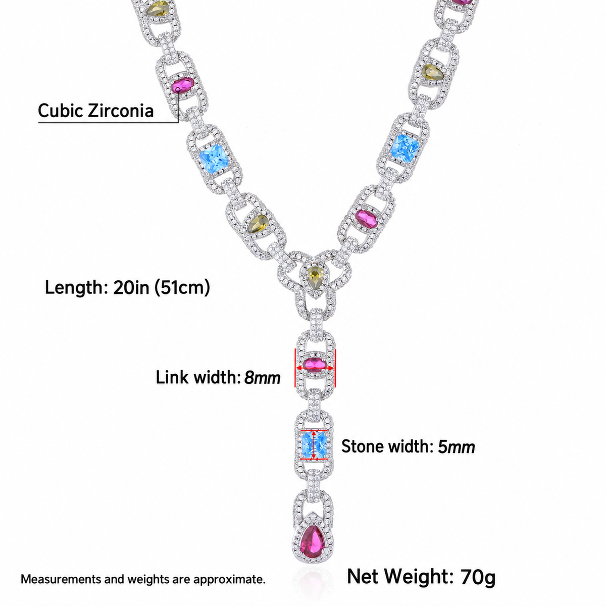 Silver-tone lariat necklace measurement guide showing link and stone widths
