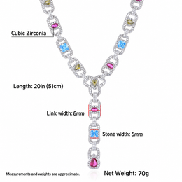 Silver-tone lariat necklace measurement guide showing link and stone widths