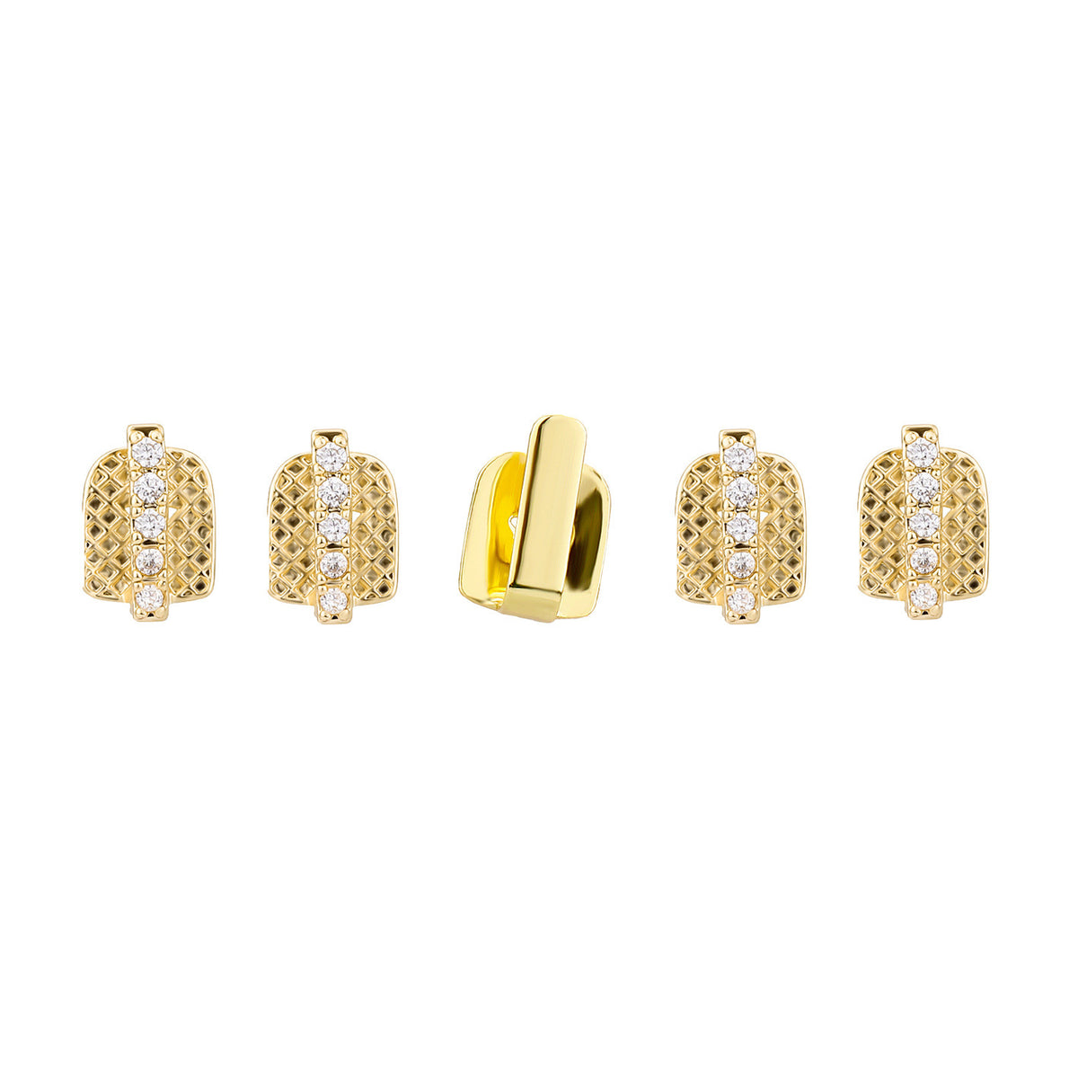 Gold five-piece tooth cap set with one smooth bar and four stone-set lattice caps