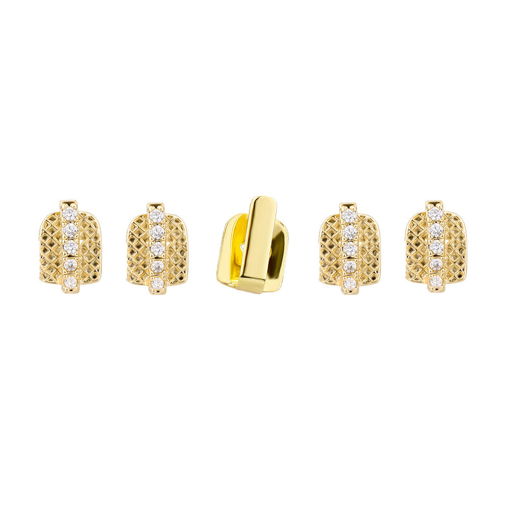 Gold five-piece tooth cap set with one smooth bar and four stone-set lattice caps