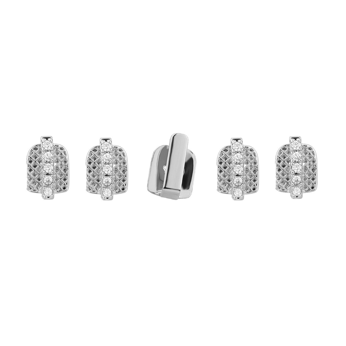 Silver five-piece tooth cap set with one smooth bar and four stone-set lattice caps