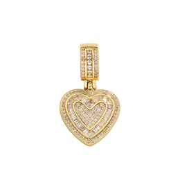 Front view of the Gold baguette iced double heart pendant