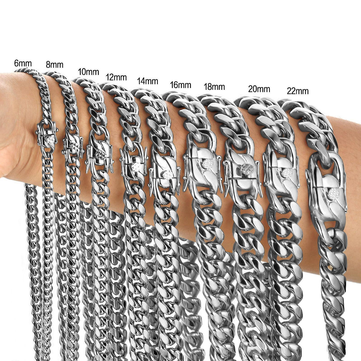 Miami Cuban chain width comparison showing 16mm among 6mm to 22mm sizes
