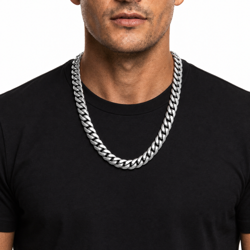 Male model wearing a 16mm stainless steel Miami Cuban chain in silver tone
