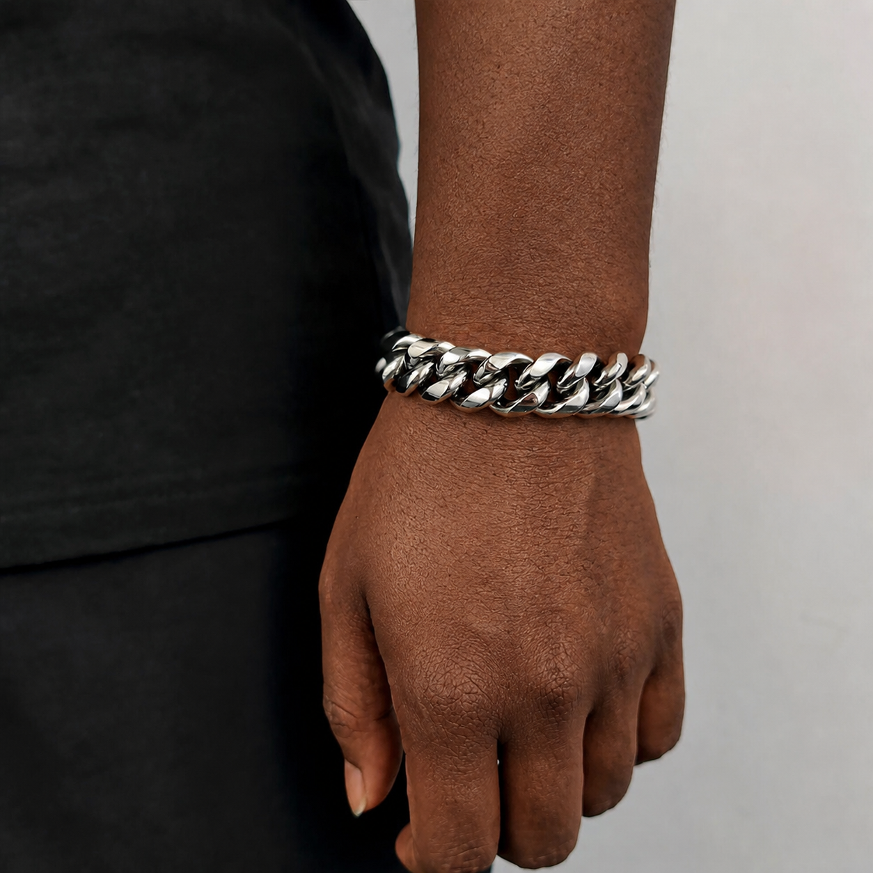 16mm steel Miami Cuban link bracelet on natural deep brown skin