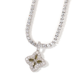 Olive-green four-leaf clover pendant styled against a white background