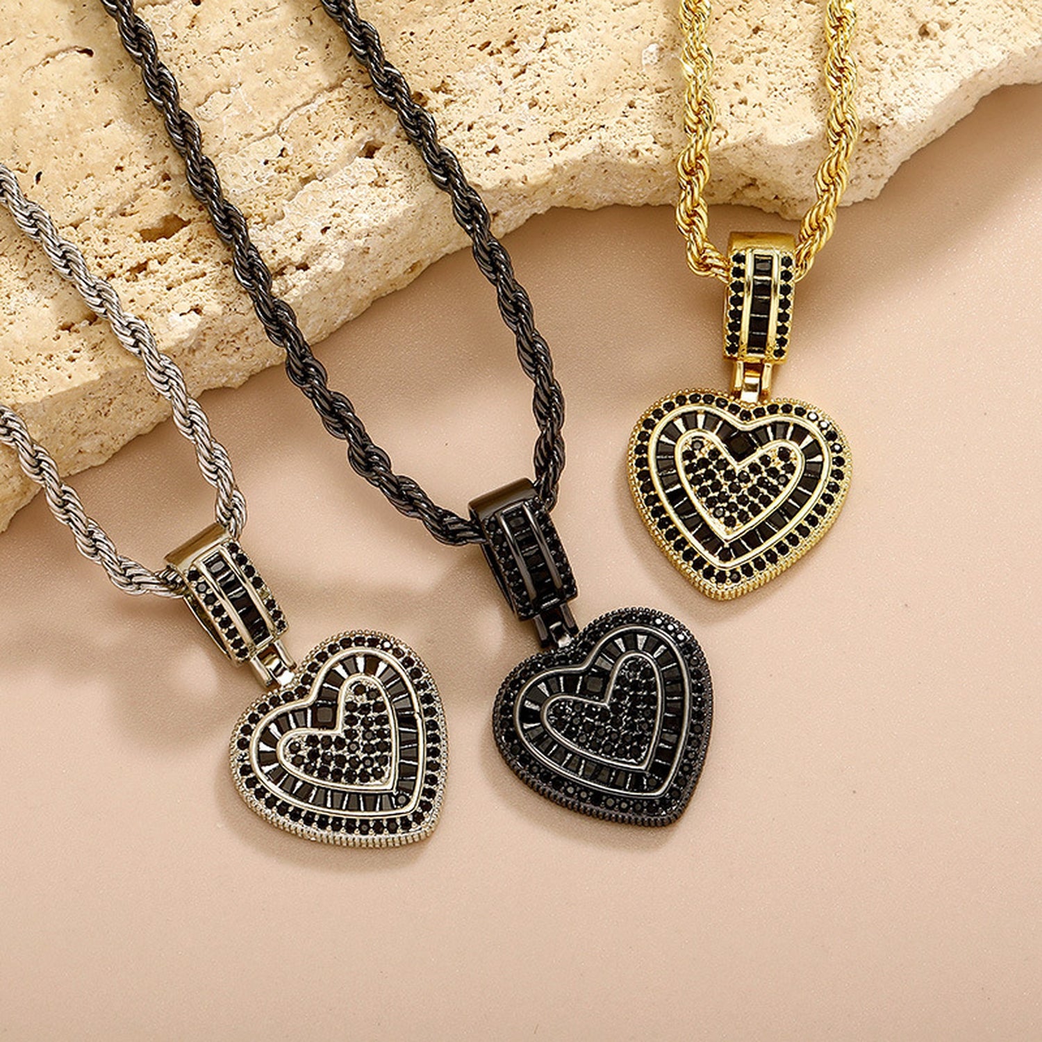 Gold silver and black baguette iced double heart pendant color options