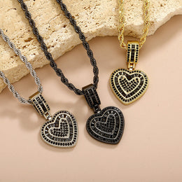 Gold silver and black baguette iced double heart pendant color options