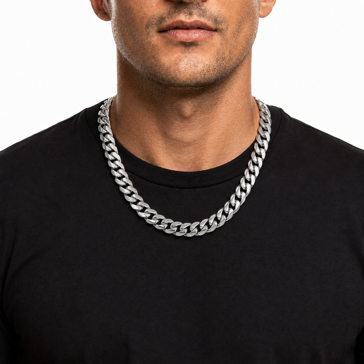 Male model wearing a 18mm stainless steel Miami Cuban chain in silver tone