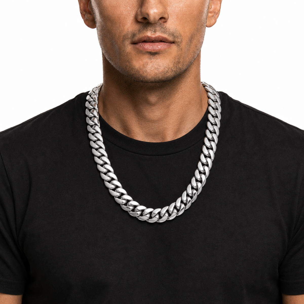 Male model wearing a 22mm stainless steel Miami Cuban chain in silver tone
